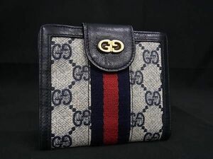 1円 ■美品■ GUCCI グッチ オールドグッチ ヴィンテージ GG柄 PVC×レザー 二つ折り 財布 ウォレット ネイビー系×アイボリー系 AZ2151