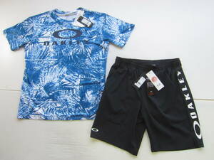 新品◆オークリー OAKLEY 半袖 Tシャツ & ショート パンツ XL 青黒 迷彩 抗菌防臭 吸汗速乾 冷感 4WAYストレッチ トレーニング ジョギング