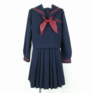 1円 セーラー服 スカート スカーフ 上下3点セット 大きいサイズ 冬物 赤3本線 女子 学生服 中学 高校 紺 制服 中古 ランクC NA4950