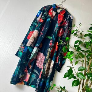 美品【L】ポールスミス シャツワンピース ロング丈 長袖 花柄 リアルフラワー マルチカラー 黒 赤 ブルー PaulSmith レディース 240219