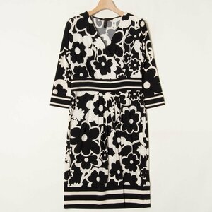 【1円スタート】メール便○ BCBG MAXAZRIA マックスアズリア ジャージ素材膝丈ワンピース 七分袖 総柄 レーヨン フェミニン 黒 ブラック S