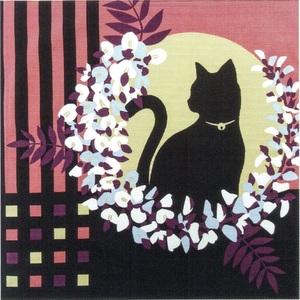綿小ふろしき「春夜の集い」猫　黒猫　Cat　約50cm（お弁当、ランチョンマットに）y042-054429