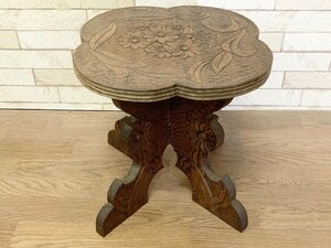 木製 サイドテーブル ミニテーブル 花台 コンソール 折り畳み式 彫刻 木彫り ハンドメイド 直径35cm 高さ32cm