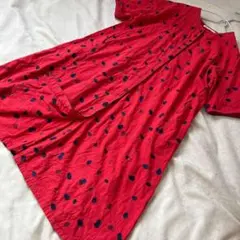 コンジェペイエ　雫刺繍ドットロングワンピース 赤　インド製コットン