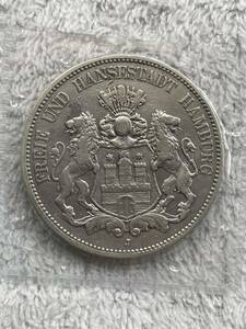 (ドイツ　ハンブルク) 都市紋章 5マルク銀貨 1875年