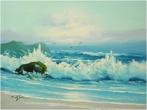 油彩画 洋画 肉筆油絵 F4号 「波 海 海景画」-113- 特価