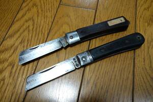 昭和レトロ　折りたたみ電工ナイフ　木柄　2個　本駒と日立武蔵？
