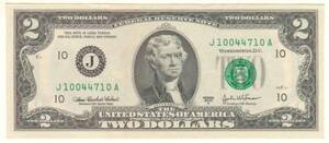 ◆新品 連番可【2ドル札】US ＄２ トーマス 独立宣言 ダラー 大切な人への贈り物 幸運紙幣!!g