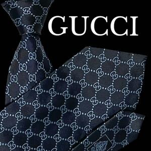 【美品】GUCCI グッチ ネクタイ GG柄 チェーン シルク100% ジャガード 光沢 高級 ビジネス フォーマル イタリア製 ネイビー 紺 メンズ