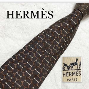 HERMES エルメス　ネクタイ　H柄部品 金具　総柄　シルク100% フランス製　ブラウン系