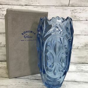 【長期保管品】ヴィンテージ Bohemia Glass 花瓶 ブルーガラス フラワーベース 花器 花入 クリスタルガラス チェコスロバキア ガラス製