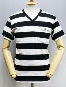 THE FLATHEAD (フラットヘッド) Vネック ボーダーポケットTシャツ ホワイト × ブラック size 40