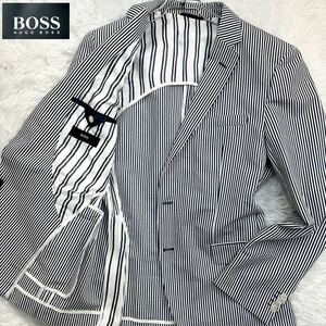 【新品タグ付未使用!!!】 HUGO BOSS ヒューゴボス テーラードジャケット ストレッチ コットン ストライプ ネイビー XXXLサイズ 54 2B