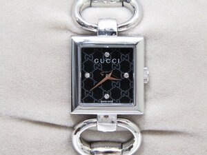 1円スタート 稼働品 GUCCI グッチ レディース腕時計 120トルナヴォーニ GG柄 黒文字盤 4Pダイヤ ホースビット クォーツ 電池 ケース付き