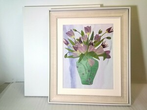 ふしぎな花倶楽部 　押し花絵額 『チューリップ』　額装/額縁　ホワイトバーム額(無反射ガラス)　フラワーアート 約47cm×56cm 共箱　①