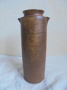 陶器 円筒形 花瓶-茶色-/底銘：力？/H23cm/良品