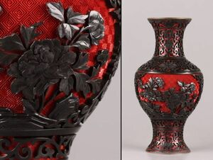 中国古玩 唐物 古七宝 七宝焼 堆朱 堆黒 花瓶 細密細工 時代物 極上品 初だし品 C5756
