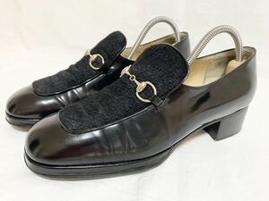 希少 美品 グッチ GUCCI 100 0413 シルバー金具 ハラコ レザー ホース ビット ローファー シューズ 靴 38 24.5～25㎝前後 レディース 黒