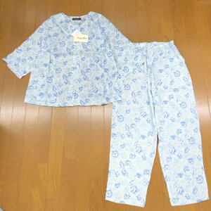 新品 Natural Basic ナチュラルベーシック コットン100% 総柄 ガーゼ パジャマ M～L ライトブルー系 ルームウェア 寝巻き 部屋着 未使用