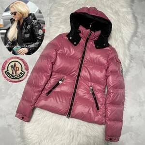 本物 モンクレール デカワッペン ビッグロゴ フード付 ダブルジップ ダウン ジャケット コート 0 ピンク×ブラック MONCLER