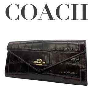 COACH コーチ　w2 クロコダイル　型押し　31857 長財布　ブラウン