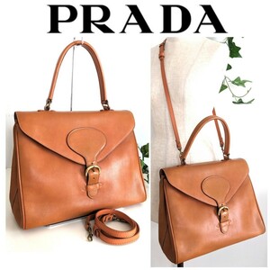 良品 PRADA オールドプラダ ビンテージ 2way レザー 本革 ショルダー ハンドバッグ トートバッグ ビジネス 鞄 キャメル レディース メンズ