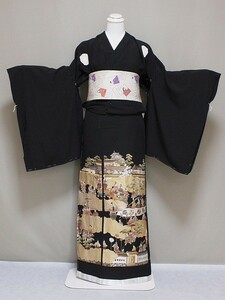 刺繍柄の正絹江戸妻　未仕立　江戸褄　正絹黒留袖　豪華な柄　在庫処分　格安　極上黒留袖　J1200-06