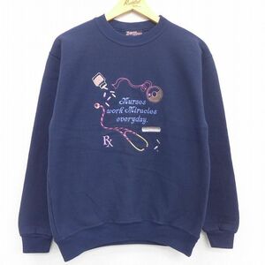 古着 長袖 スウェット レディース 90s メジャー 刺繍 クルーネック 紺 ネイビー 22jun01 中古 スエット トレーナー トップス