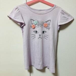 GUジーユー　丸首半袖カットソー　Tシャツ 猫ちゃんプリント　フラワーリボン　トップス 女の子 パープル140サイズ