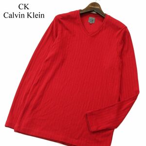 CK Calvin Klein カルバンクライン 通年 レイヤード風★ 長袖 リブ ストライプ カットソー ロンTシャツ Sz.L　メンズ 赤　A3T10067_9#F