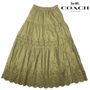 j184 COACH コーチ コットン ロングスカート マキシ丈 フラワー パンチング サイズ4 160/72A カーキ レディース ボトム 正規品