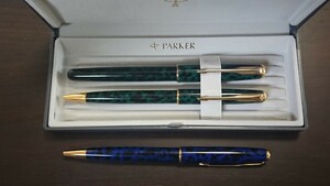 【送料無料】PARKER SONNET 万年筆＋ボールペン(グリーン)、ボールペン(ブルー着せ変え用)、ケース付きで3本セット