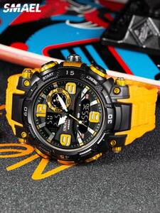 腕時計 メンズ デジタル 1個 男性 イエロー ゴムストラップ スポーティ 日付 ストップウォッチ 耐衝撃 耐水 丸い ダイヤル