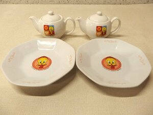 0230333w【ミスタードーナツ Tweety 急須 皿 セット】陶器/食器/ポット/チャーハン皿/ミスド/ノベルティ/トゥイーティー/中古品