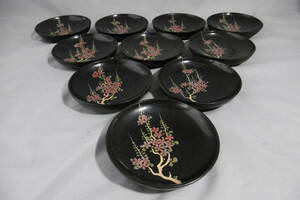 菓子皿　菓子器　木　黒漆塗り　桜絵　銘々皿　漆器　時代漆器　皿揃　10皿 (八・57)　20424