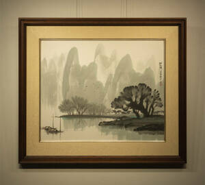 何镇强 1987年作 山水情 設色紙本 額装 真作保証 中国 絵画 現代美術