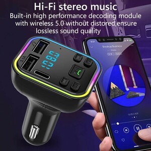 ◇新品◇ FMトランスミッター　Bluetooth5.0　スマホの音楽や動画の音声を車で楽しめる! USB２ポート、Type-C１ポート ハンズフリー通話