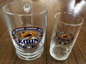 KIRIN　キリン　麒麟　生ビール　ロゴ　ガラス製　ビアジョッキ　ドラフトビール　グラス　コップ　2種類　2個　昭和　当時物　送料無料