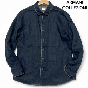 美麗品◎リネン100% 50サイズ!!アルマーニコレッツォーニ【涼し気な装い】ARMANI COLLEZIONI 長袖 シャツ ネイビー 濃紺 薄手 春夏◎メンズ