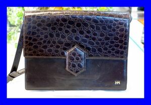 ○中古 HANAE MORI ハナエモリ 森 英恵 型押しレザー ショルダーバッグ ブラウン B0264