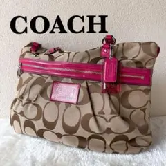 美品✨COACHコーチセミショルダーバッグトートバッグブラウンピンクシグネチャー