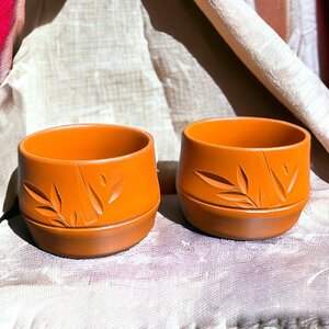 【FU10】【2客セット】常滑焼 朱泥 向付 [竹の葉] 湯呑み 茶器 茶碗 茶道具 器 陶器 骨董品