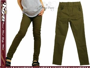 L カーキ/スキニーパンツ ツイル レディース ウエスト総ゴム ストレッチ 美脚/新品