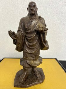 s 山口伊之助作 仏教美術 古銅製 日蓮 立像 在銘 高さ25㎝ 細密彫刻 置物 人物像