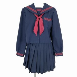 1円 セーラー服 ミニスカート リボン 上下3点セット 大きいサイズ 冬物 赤3本線 女子 学生服 中学 高校 紺 制服 中古 ランクC NA5260