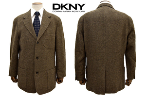 L-1439★DKNY ダナキャランニューヨーク★秋冬 上質なハンガリー製 ブラウン茶色 ヘリンボーン地 ウールツイードジャケット ブレザー 40R