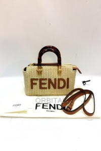 代官山)FENDI フェンディ バイザウェイミニ ナチュラルストロー ボストンバッグスモール 2WAY ショルダーバッグ 定価23万位