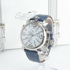 【1円/ジャンク】ガガミラノ GaGa MILANO マヌアーレ シンクロノ 46MM ウォッチ 腕時計 5097.02BL QZ SS 純正レザーベルト 白文字盤 動作品