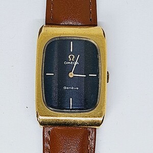 稼働品　OMEGA　オメガ ジュネーブ 青文字盤 手巻 メンズ腕時計　スクエア　ベルト社外品新品　