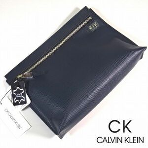 新品 定2.2万 CK CALVIN KLEIN カルバンクライン 本牛革 レザー クラッチバッグ ポーチ ハンド セカンド 紺 メンズ 男性 紳士